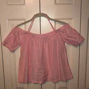 Off the shoulder pink and white striped shirt